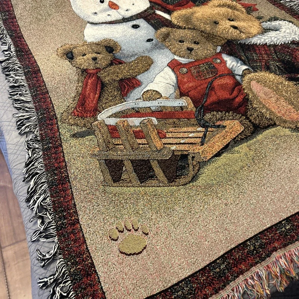 Vintage Christmas Tapestry Throw Blanket Snowman Teddy Bears Sled 52x70
